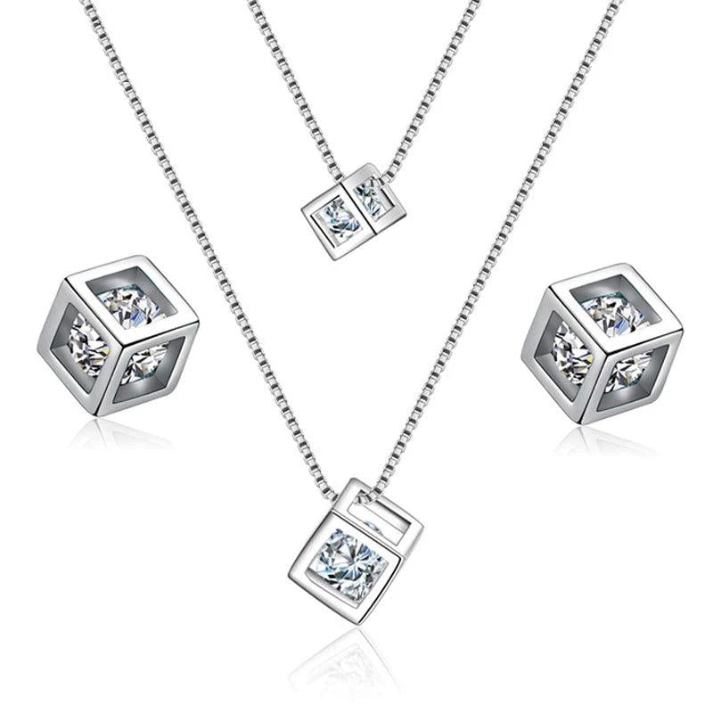 925 Silver Zircon Cube Necklace Earring Set for Women Wedding