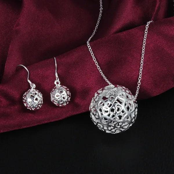 925 Sterling Silver Hollow Ball Pendant Necklace Earrings Set