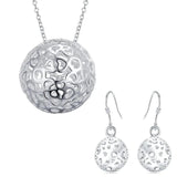 925 Sterling Silver Hollow Ball Pendant Necklace Earrings Set