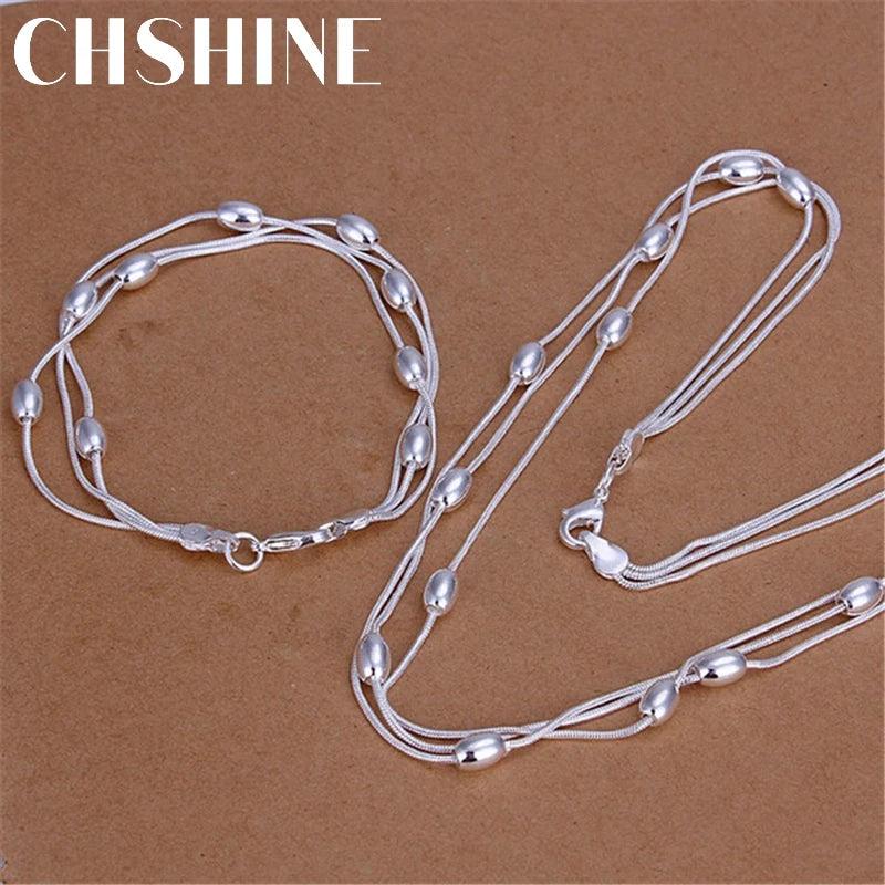 925 Sterling Silver Tassel Oval Beads Bracelet Necklace Set
