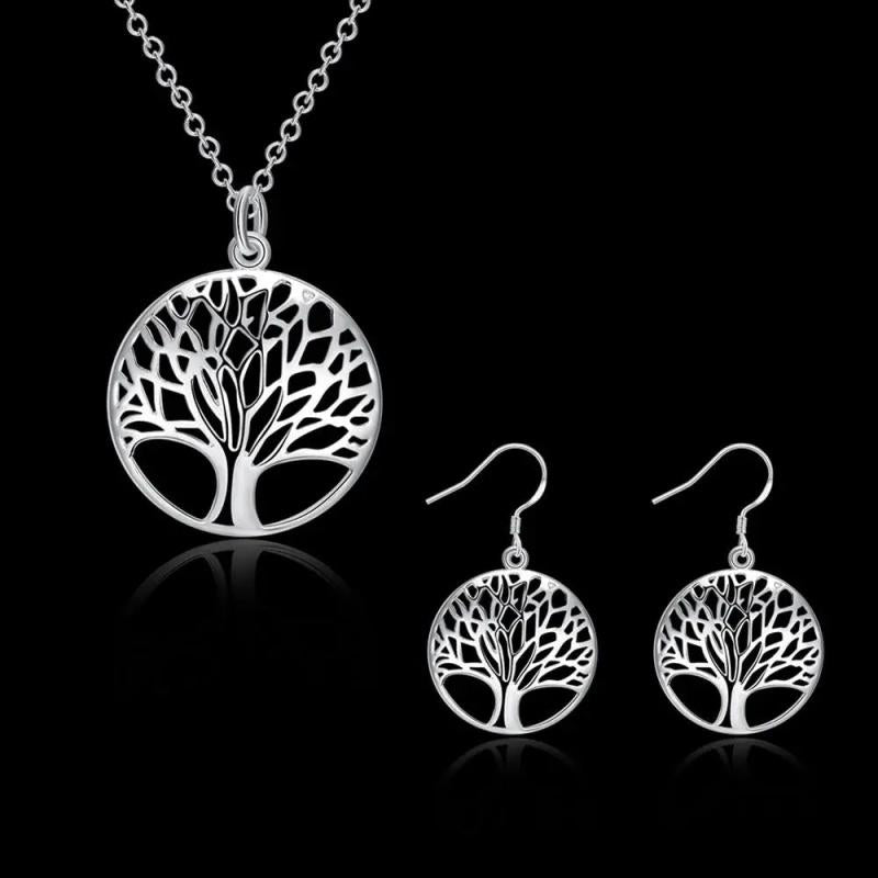 925 Sterling Silver Tree Pendant Necklace Earrings Set