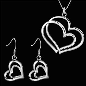 925 Silver Double Heart Earrings & Necklace Set Wedding Party Girl