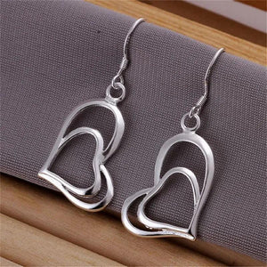 925 Silver Double Heart Earrings & Necklace Set Wedding Party Girl