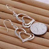 925 Silver Double Heart Earrings & Necklace Set Wedding Party Girl