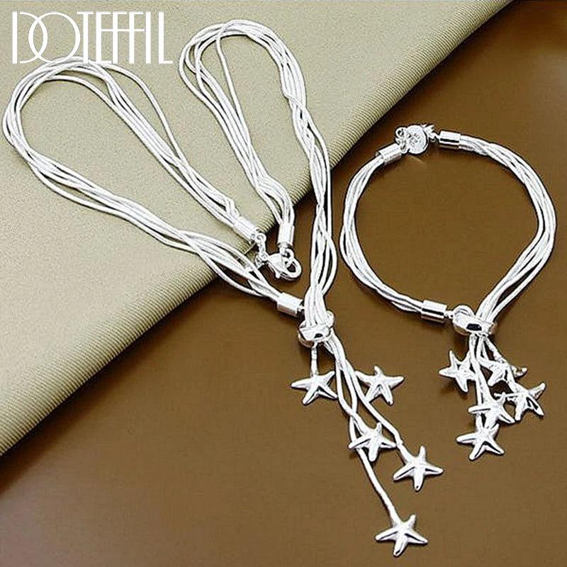 925 Silver Starfish Snake Chain Necklace Bracelet Set Wedding Jewelry