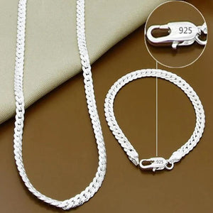 925 Silver Bracelet Necklace Set 6MM Flat Chain Wedding Party Gift
