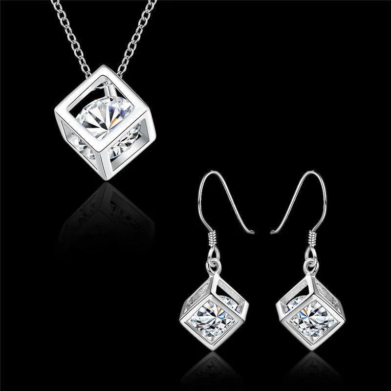 925 Silver Necklace Earrings Crystal Pendant Jewelry Set