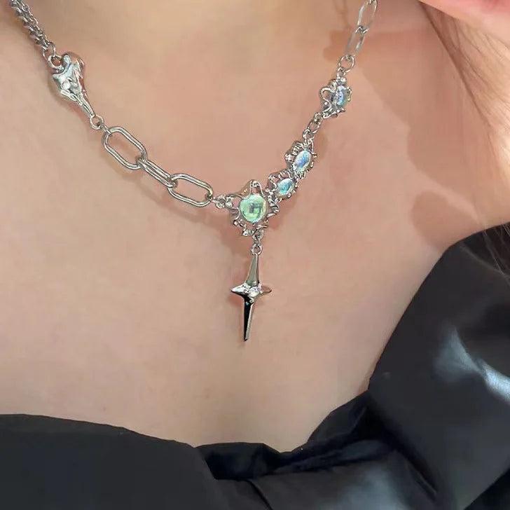 Sterling Silver Moon Stone Cross Star Pendant Necklace