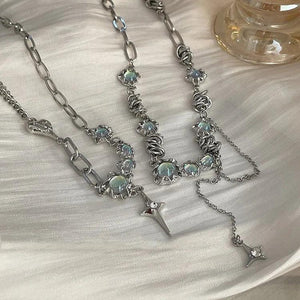 Sterling Silver Moon Stone Cross Star Pendant Necklace