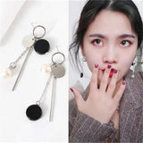 Korea Dongdaemun Earrings Wafer Pearl Stick Asymmetric Tassel Earrings