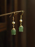 Green Jade Ginkgo Leaf Pearl Earrings 14K Hook Jewelry Women Gift