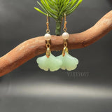 Green Jade Ginkgo Leaf Pearl Earrings 14K Hook Jewelry Women Gift