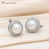 S&Z Pearl Drop Earrings Wedding CZ Jewelry