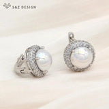 S&Z Pearl Drop Earrings Wedding CZ Jewelry