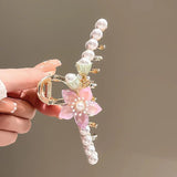 Pink Flowers Hair Claws for Women Elegant Pearl Hair Clips