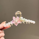 Pink Flowers Hair Claws for Women Elegant Pearl Hair Clips