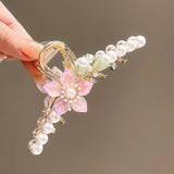 Pink Flowers Hair Claws for Women Elegant Pearl Hair Clips