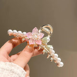 Pink Flowers Hair Claws for Women Elegant Pearl Hair Clips