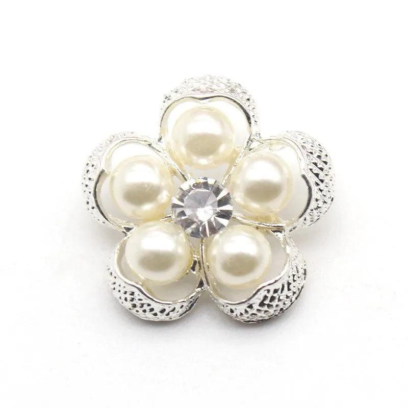 10Pcs 25MM Metal Pearl Rhinestone Flower Button DIY Wedding Dress Hair Decor