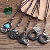 Retro Sandalwood Natural Stone Pendant Necklace Sweater Chain N602