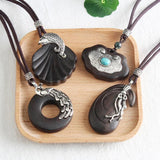 Retro Sandalwood Natural Stone Pendant Necklace Sweater Chain N602