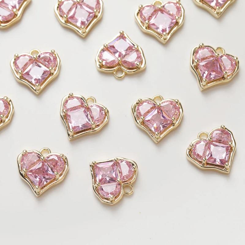 2PCS Pink Zircon Heart Pendant 14K Plated Jewelry Supplies