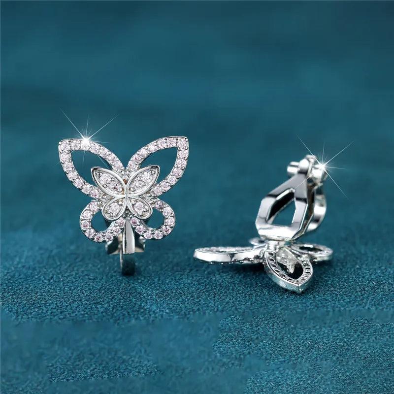 Pink Crystal Butterfly Clip Earrings Vintage Silver Animal Jewelry
