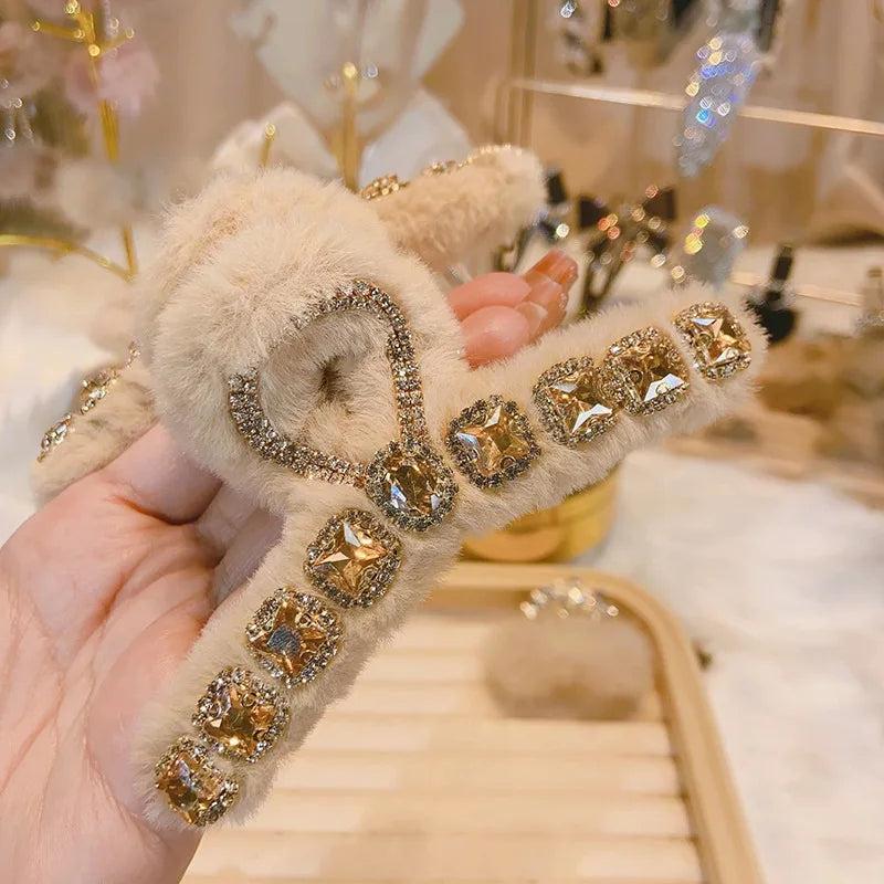 Korea Plush Crystal Hair Clips for Women Square Geometry Diamond Hair Claw Girls