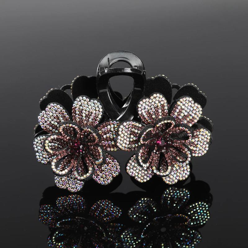 Rhinestone Double Flower Hair Claws Clips Crystal Hairgrip for Women