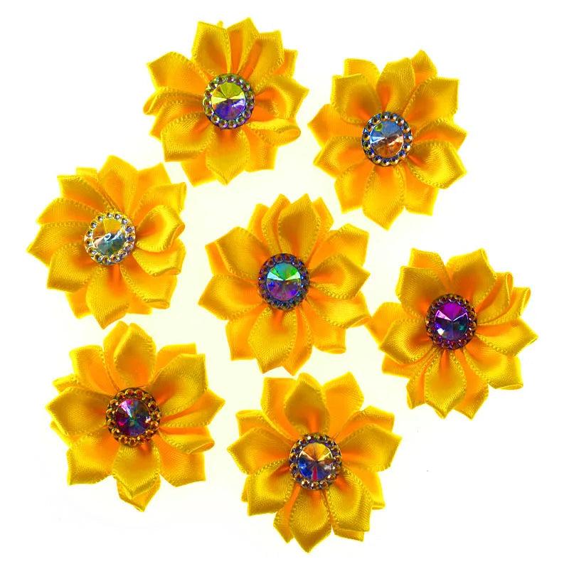 20Pcs Satin Ribbon Flowers with Rhinestone Button for Hair Accessories DIY