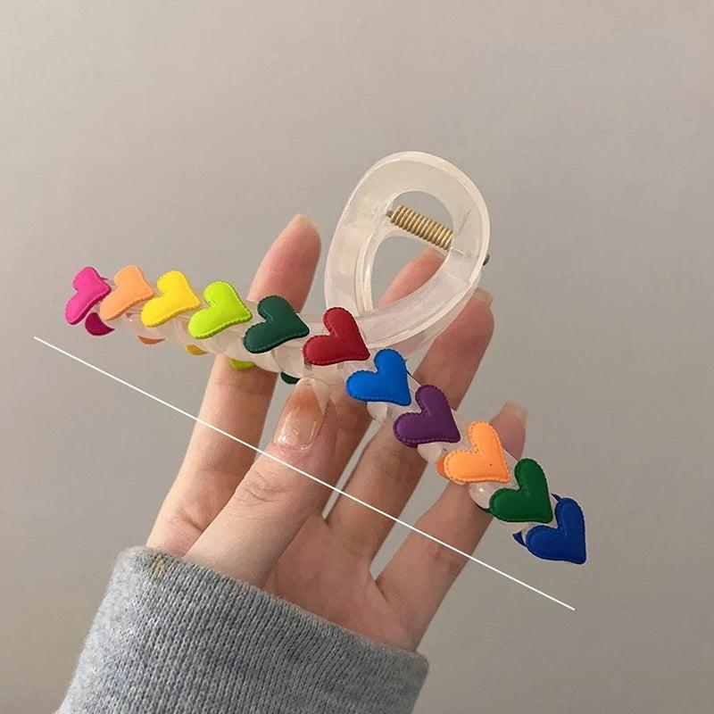 Women Rainbow Love Large Hair Claw Clip Ponytail Hair Crab Shark Clip