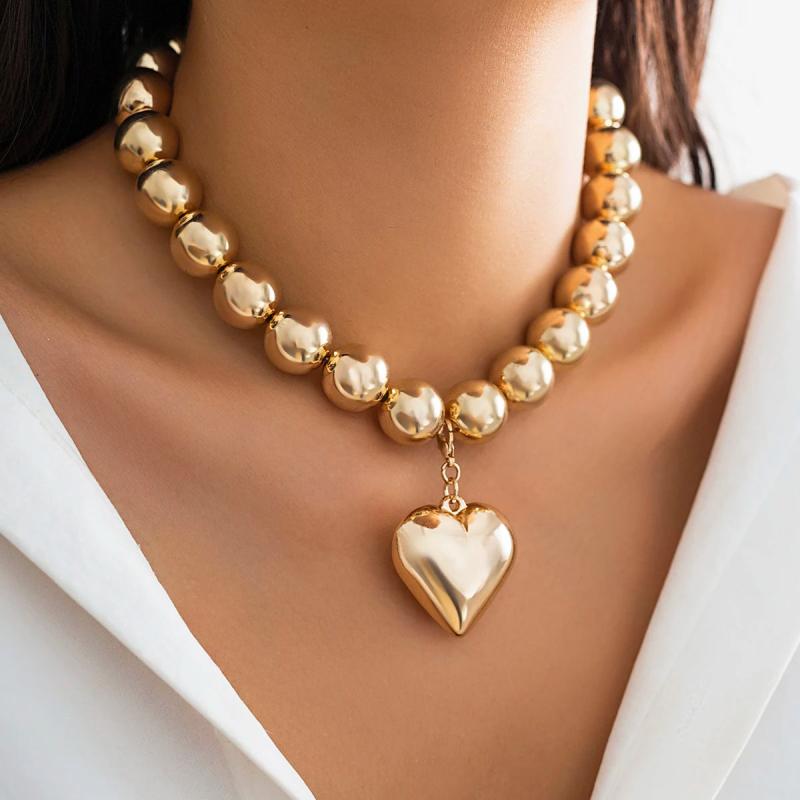 CCB Ball Beaded Chain Heart Pendant Necklace Choker Collar Women Jewelry