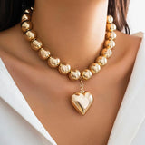 CCB Ball Beaded Chain Heart Pendant Necklace Choker Collar Women Jewelry