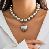 CCB Ball Beaded Chain Heart Pendant Necklace Choker Collar Women Jewelry