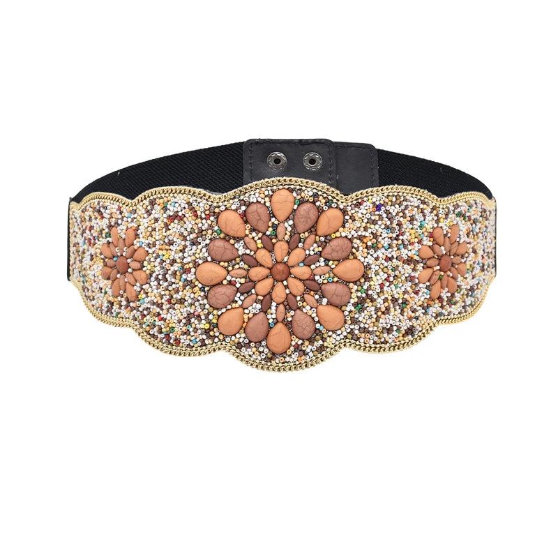 Turquoise Flower Women Belt Charms Ethnic Beads Elastic Waistband