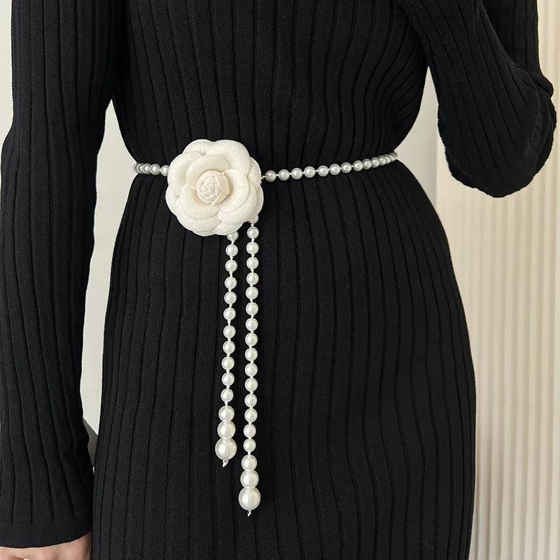Women Flowers Pearl Waist Chain Decorative Skirt Sweater Stylish Waist Chain