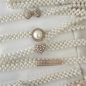 Large Pearl Waist Chain Elastic Belt with Diamond Decoration