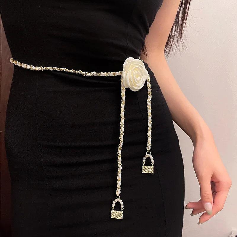Camellia Flower Pearl Waist Chain Belt Silver Women
