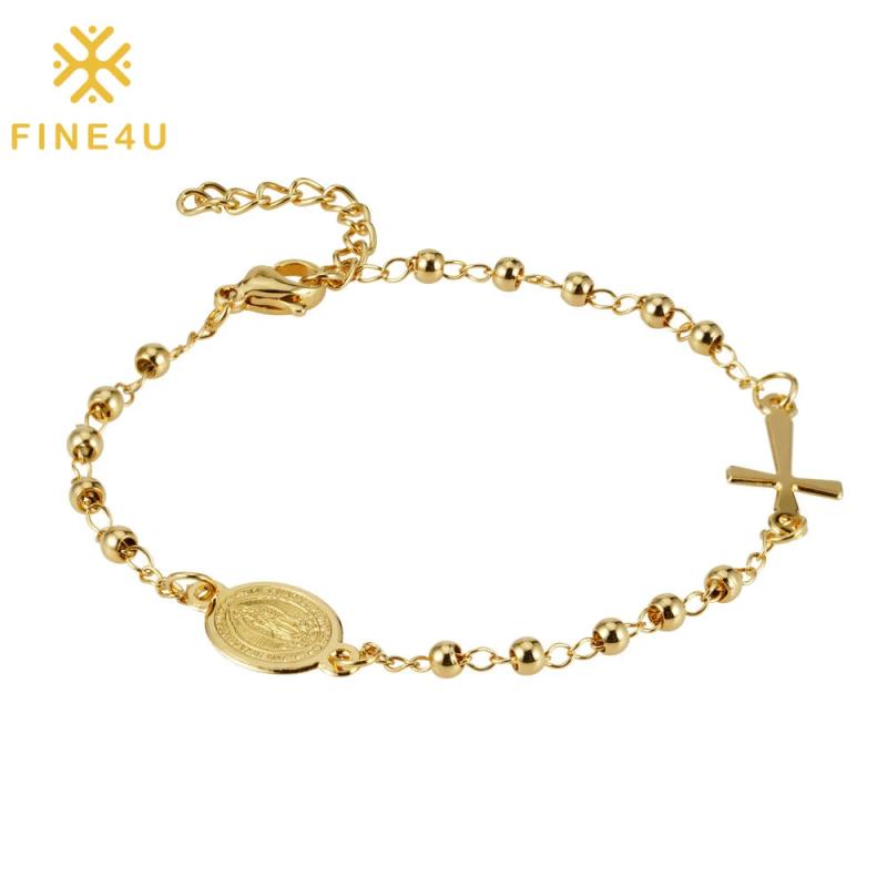 18K Plated Our Lady of Guadalupe Cross Rosary Bracelet 3mm Bead Link Chain