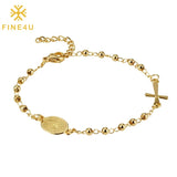18K Plated Our Lady of Guadalupe Cross Rosary Bracelet 3mm Bead Link Chain