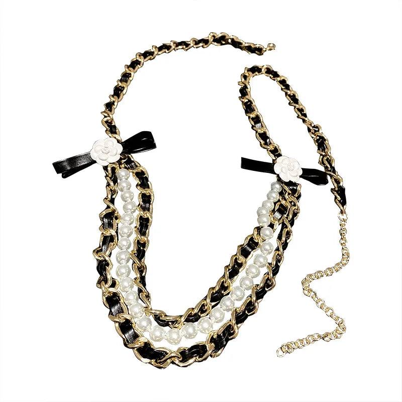 Korea Camellia Flower Pearl Leather Waist Chain Belt for Women