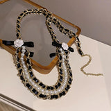Korea Camellia Flower Pearl Leather Waist Chain Belt for Women