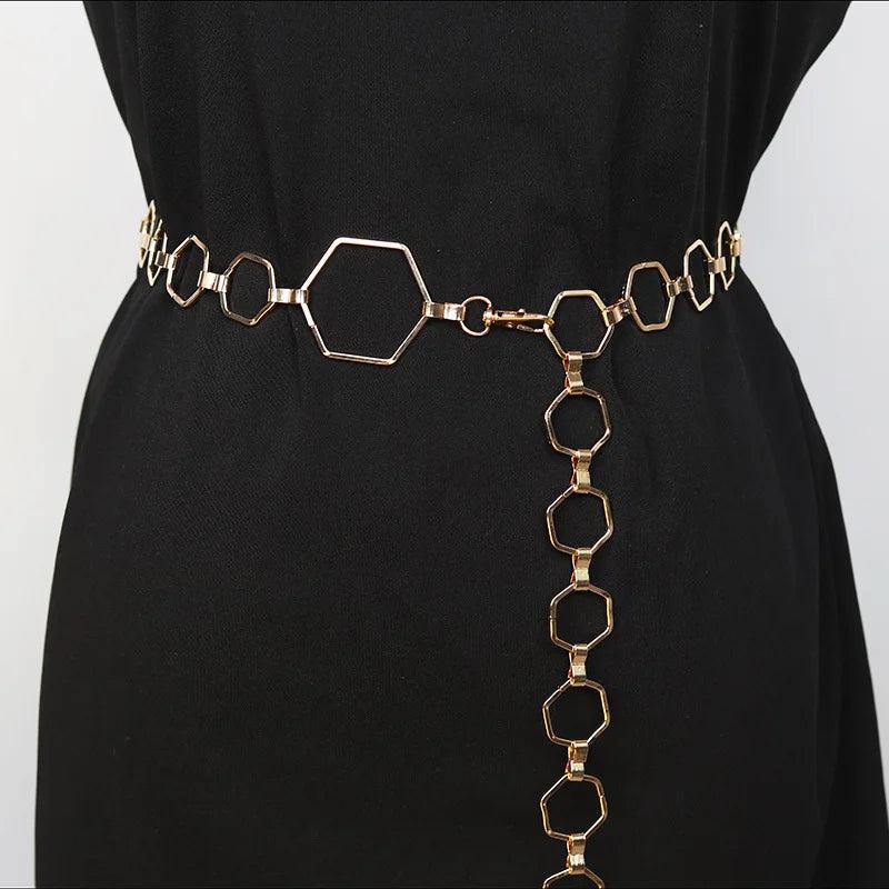 Geometric Waist Chain for Women Silver Metal Belt Adjustable Dress Waistband