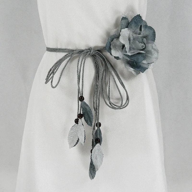 Tassel Braid Waist Chain w/ Big Flower Decor - Casual Thin Waist Belt