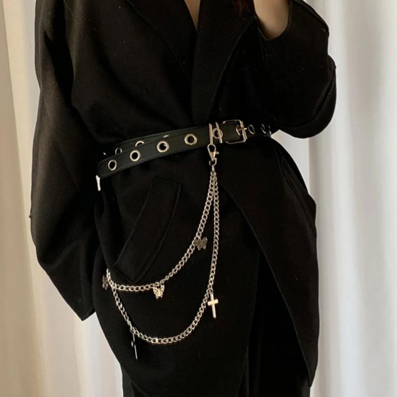 Hip Hop Silver Cross Waist Chain Double Layer Belly Chain Pants Belt