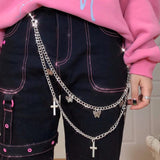 Hip Hop Silver Cross Waist Chain Double Layer Belly Chain Pants Belt