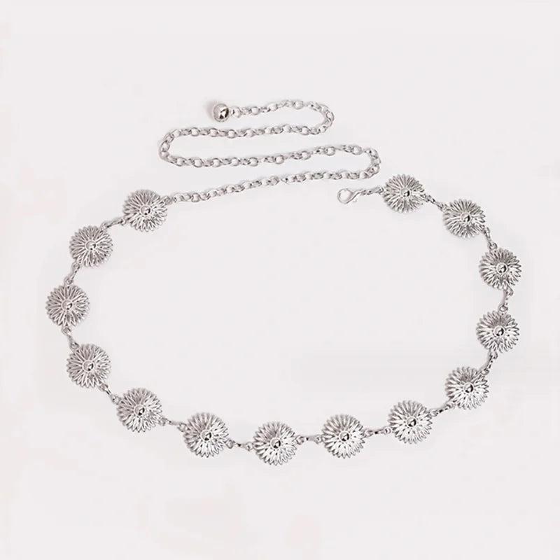 Bohemian Concho Chain Belt Daisy Flower Carving Waist Chain