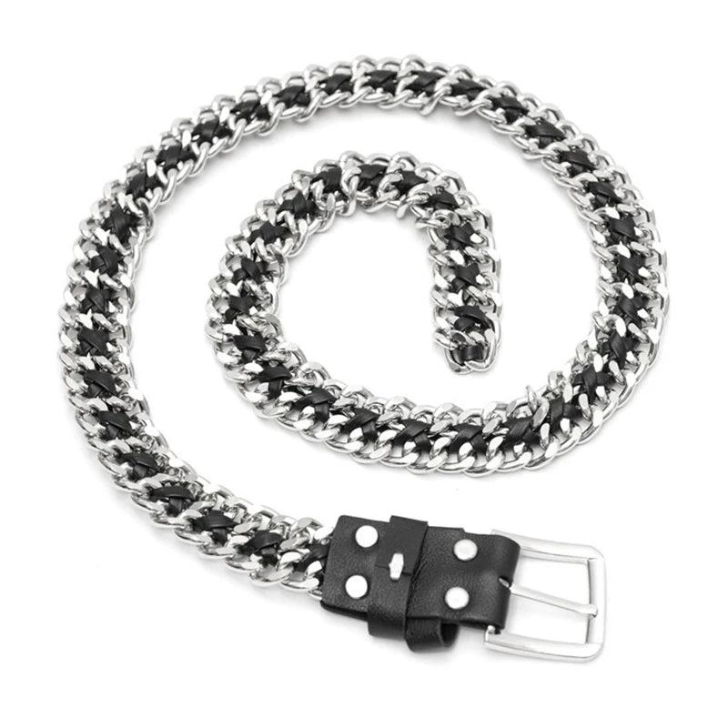 Metal Chain Leather Belt Silver Waistband for Dress Jeans Pants Woman
