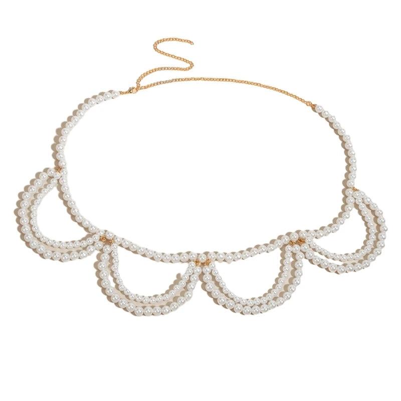 Adjustable Length Waist Chain with Layered Pearl Female Girls Waist Rope D46A