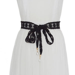 Women's Lace Braided Thin Belt with Pearl Decoration